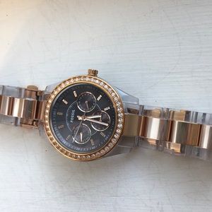 Rose gold, black faced fossil watch